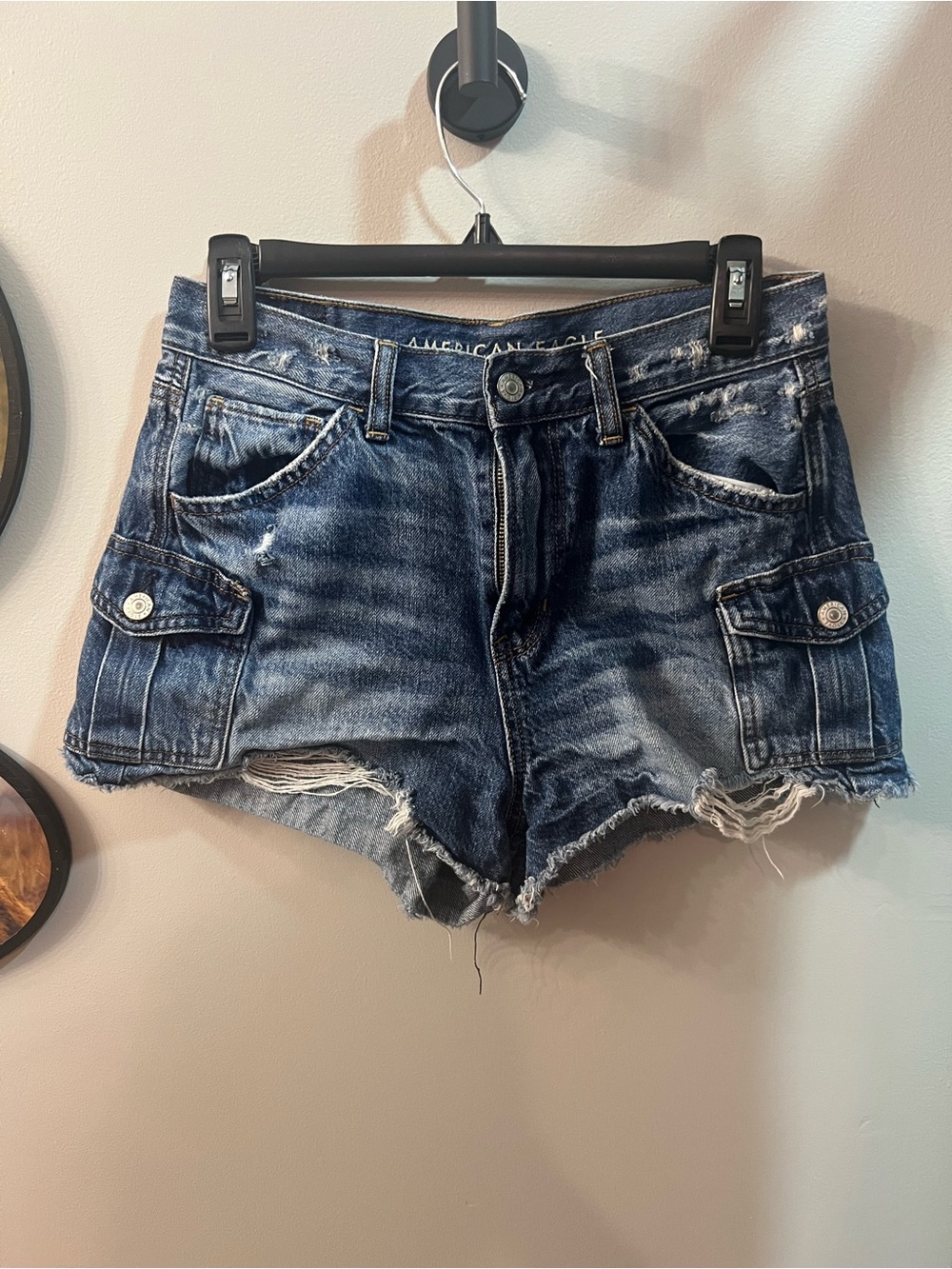 American Eagle Outfitters Distressed Dark Blue Denim Cargo Shorts